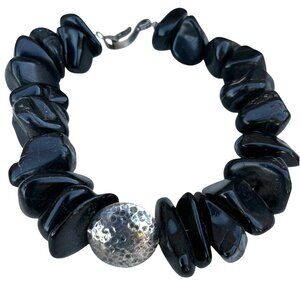 Chunky Black Faux Stone Beaded Necklace  Hammered Silver Tone Pendant